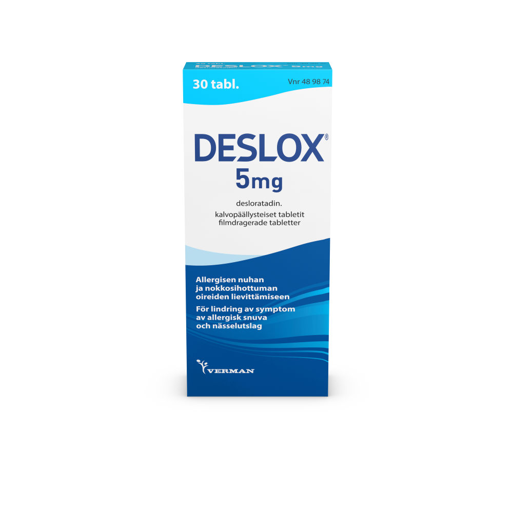 Deslox 5 mg allergialääke -Eri pakkauskokoja