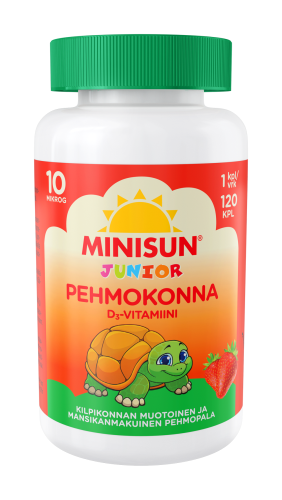 Minisun D-vitamiini Pehmokonna Mansikka 10 mikrog -Eri pakkauskokoja