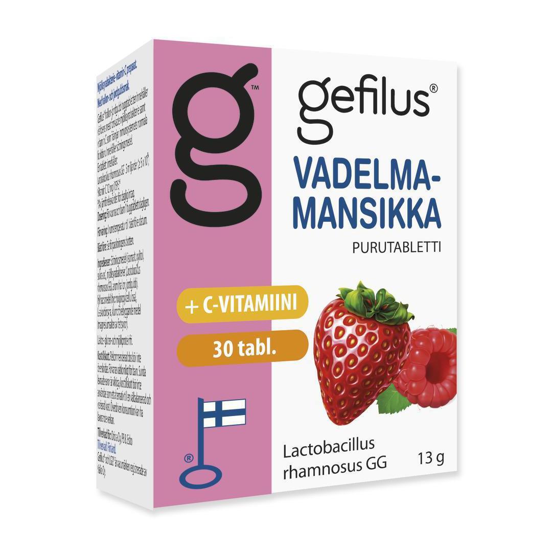 Gefilus vadelma-mansikka purutabletti eri kokoja