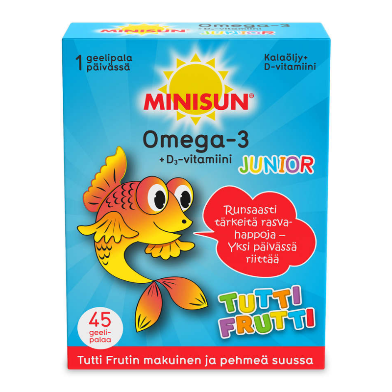 Minisun Omega-3 + D3-vitamiini Junior 45 kpl tutti frutin makuinen