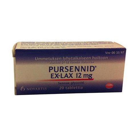 Pursennid Ex-Lax 12 mg tabletit ummetuksen hoitoon -eri kokoja