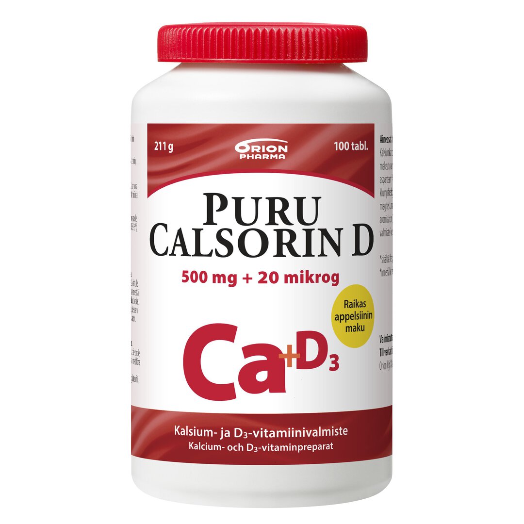 Puru Calsorin D 500mg + 20 mikrog. 100 purutablettia